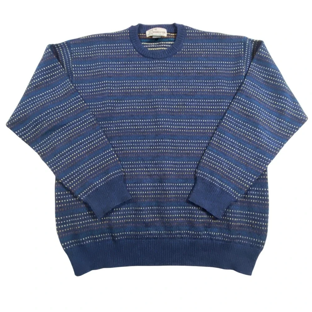 MDumas & Sons VTG Sweater Blue Striped 100% Merino Wool Grandpacore‎ Size L